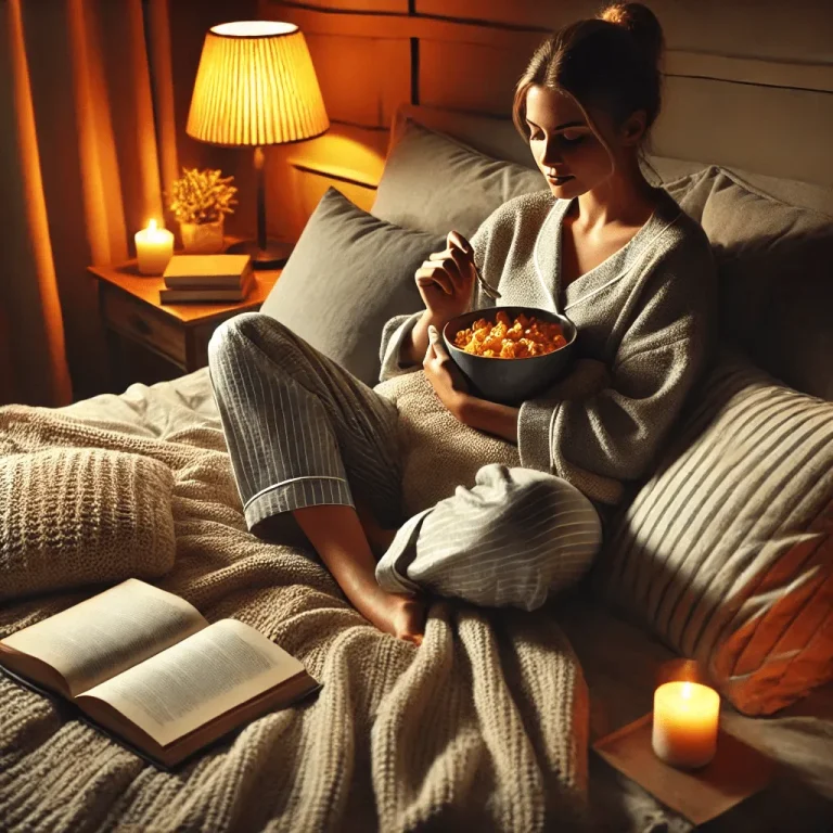 A person relaxing in bed, wrapped in cozy pajamas, enjoying a sleep-friendly snack. The dim glow of a bedside lamp and soft blankets set a calm and peaceful nighttime mood, perfect for unwinding before sleep.