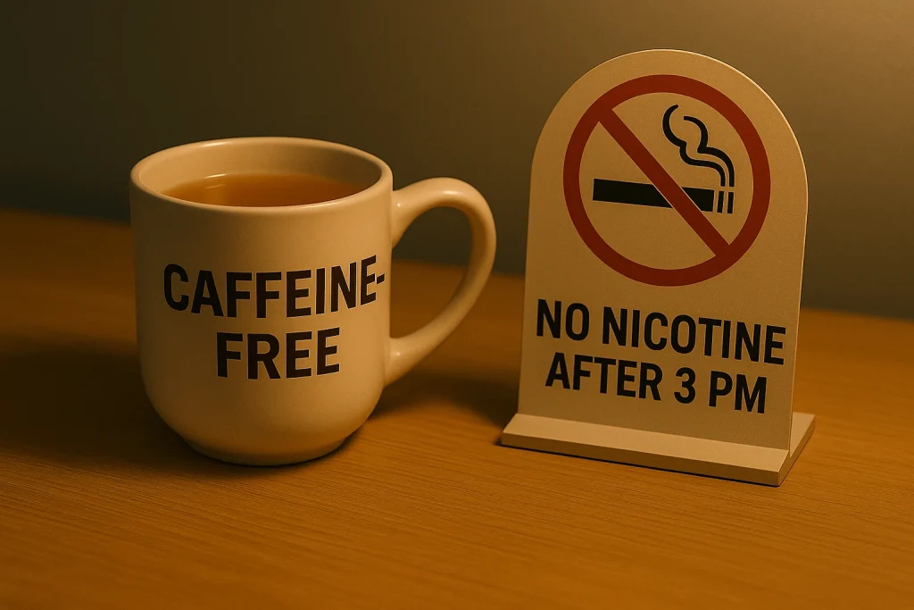 “Caffeine-free tea mug next to a sign with a no smoking icon that reads ‘No Nicotine After 3 PM,’ promoting better evening habits for sleep.”