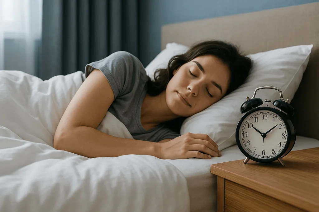 “A peaceful bedroom scene with a woman sleeping beside an alarm clock set to 6:00 AM, illustrating a consistent wake-up time.”