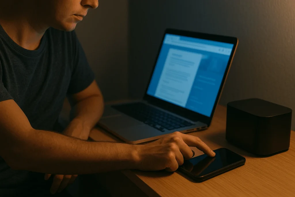 A person turning off their smartphone at night beside a laptop, reducing screen time to limit blue light exposure before bed.”