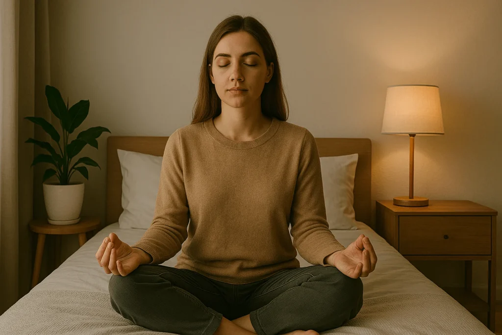 “Woman sitting cross-legged on a bed with eyes closed, practicing mindfulness meditation in a softly lit bedroom for stress relief.”