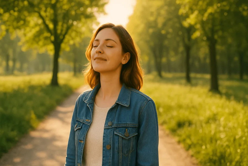 “Woman standing on a tree-lined path in morning sunlight with eyes closed, soaking in natural light to support circadian rhythm.”