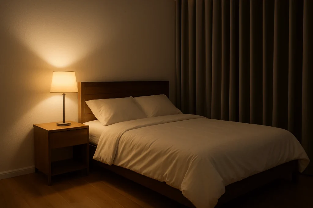 Nighttime bedroom scene softly lit by a bedside lamp, showing a cozy bed and blackout curtains for an optimized sleep environment.”