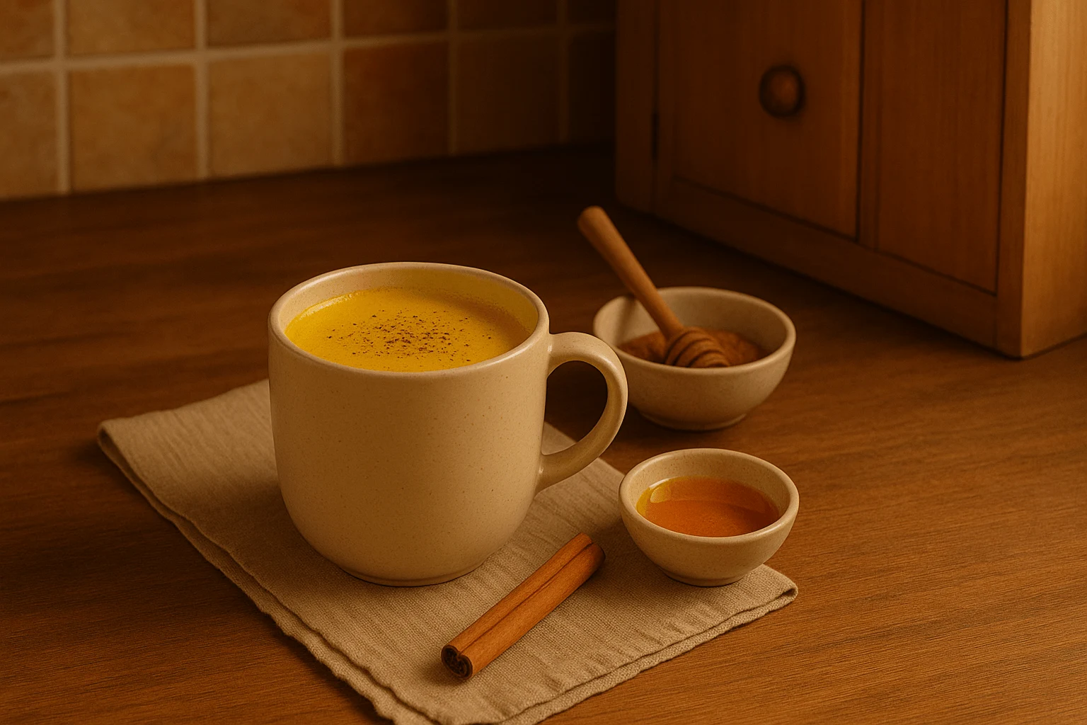A cozy mug of turmeric tea with honey and cinnamon — a calming turmeric tea recipe for sleep.