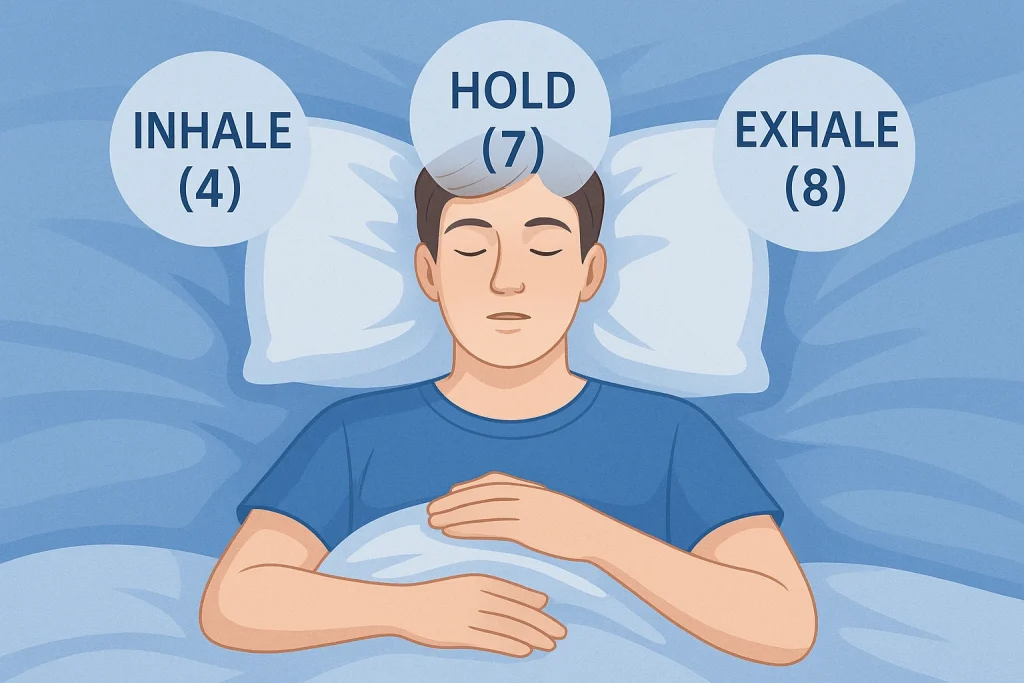 Calm person practicing the 4-7-8 breathing technique with clear inhale, hold, and exhale instructions.