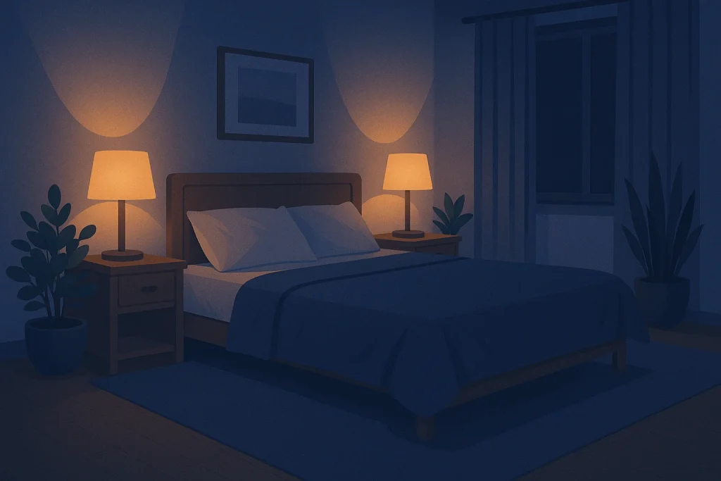 Sleep-friendly bedroom setup with dim lighting and calming decor.