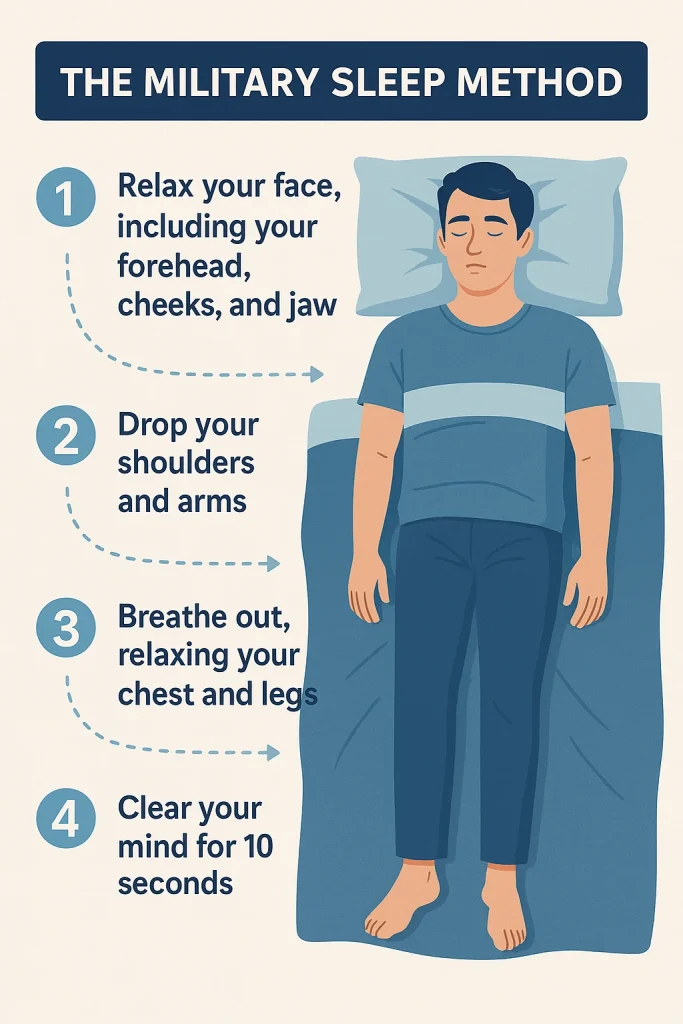 Visualization of the Military Sleep Method for quick relaxation and sleep.