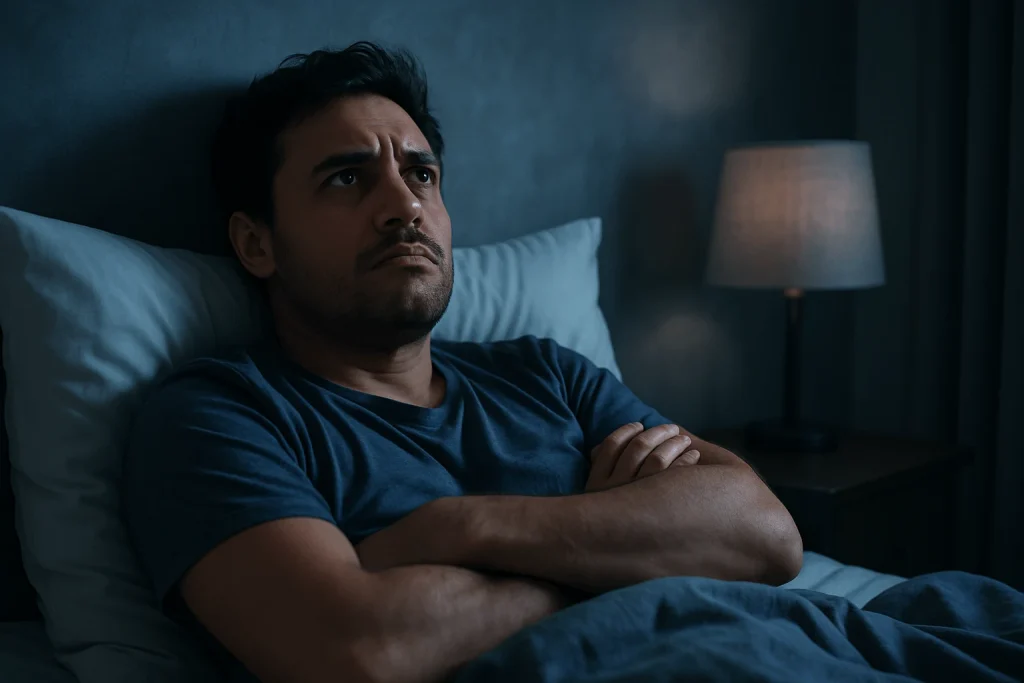 Frustrated person struggling to fall asleep at night despite feeling tired.