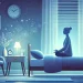 Serene nighttime scene of a person practicing breathing exercises on a bed, surrounded by soft ambient lighting and calming blue tones, symbolizing relaxation and mindfulness for better sleep.