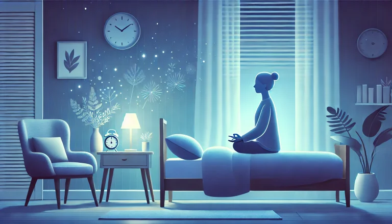 Serene nighttime scene of a person practicing breathing exercises on a bed, surrounded by soft ambient lighting and calming blue tones, symbolizing relaxation and mindfulness for better sleep.