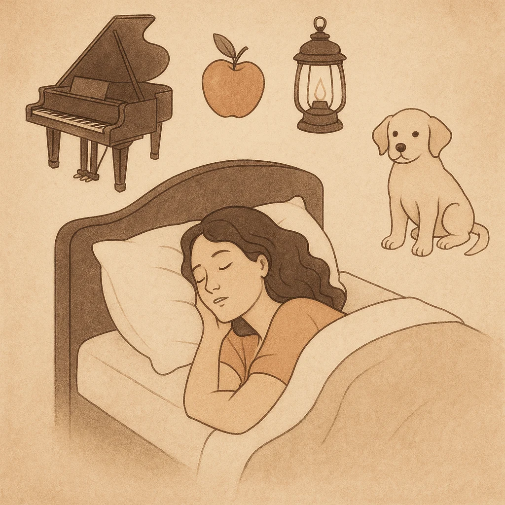 Cognitive shuffle sleep method illustration showing a person resting in bed with random objects like a piano, apple, lantern, and puppy floating above, symbolizing word associations that help calm the mind for sleep.