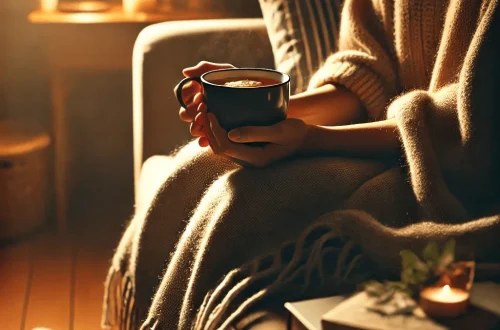 “Person relaxing in dim lighting with a cozy blanket and a cup of herbal tea, setting the mood for a calming bedtime routine.”