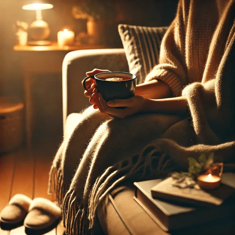 “Person relaxing in dim lighting with a cozy blanket and a cup of herbal tea, setting the mood for a calming bedtime routine.”