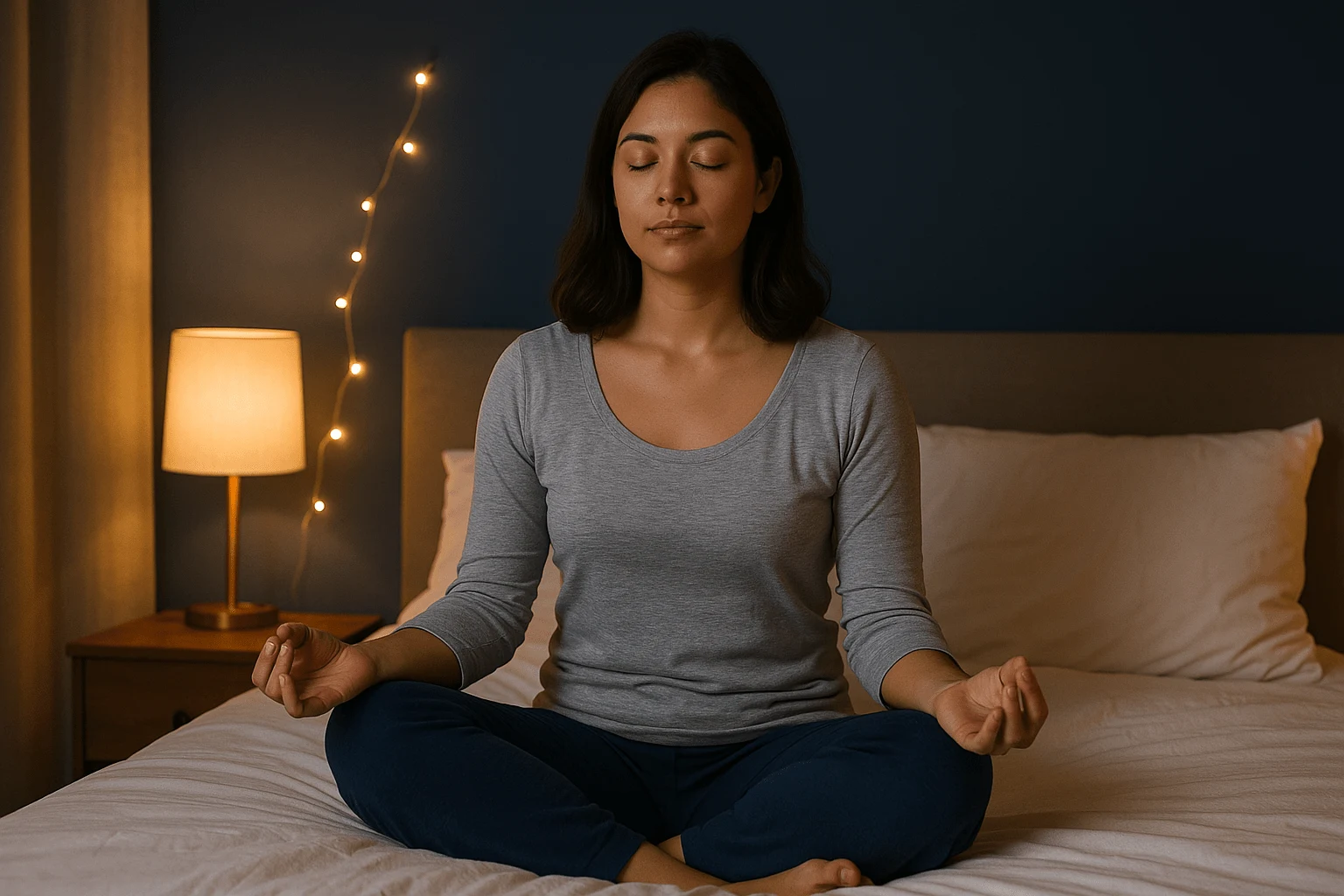 "Young woman practicing meditation for sleep on her bed at night, surrounded by soft ambient lighting in a calm, wide bedroom setting."