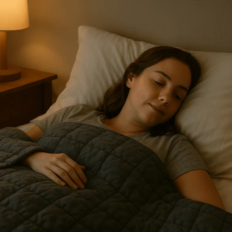 Woman peacefully sleeping under a weighted blanket in a softly lit bedroom, representing natural ways to fall asleep.