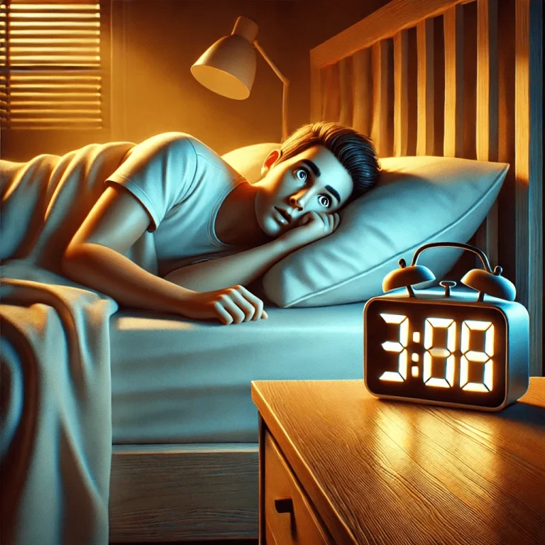 a calm, realistic visual of someone awake at 3AM in bed