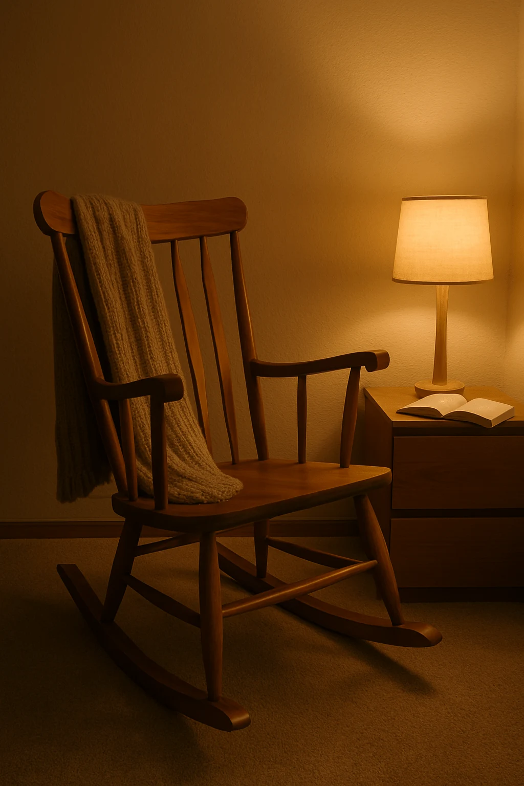 Wooden rocking chair in a softly lit bedroom corner, creating a soothing pre-sleep environment.