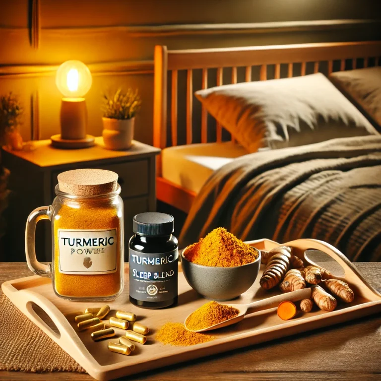A relaxing nighttime scene featuring turmeric powder, fresh turmeric root, and turmeric capsules on a wooden tray beside a cozy bed. A warm bedside lamp casts a soft glow, enhancing the calming atmosphere, symbolizing turmeric’s role in promoting restful sleep.