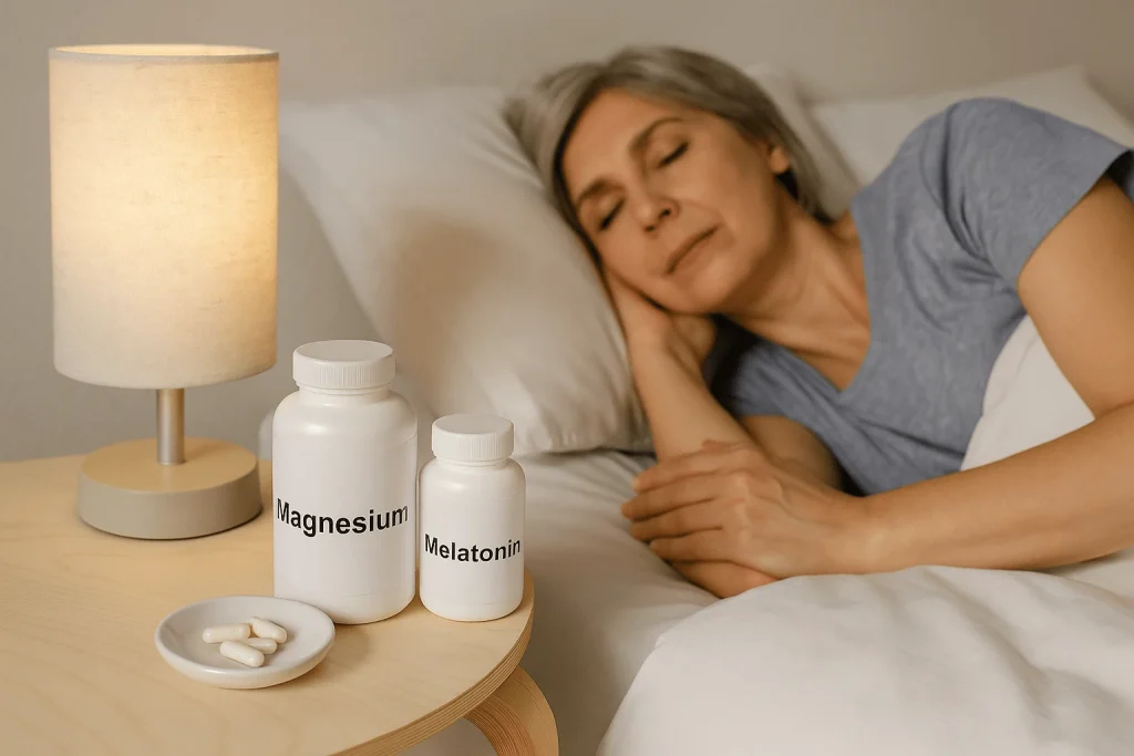 Natural supplement bottles (magnesium, melatonin) on a bedside table, to ease sleeping problems during menopause.