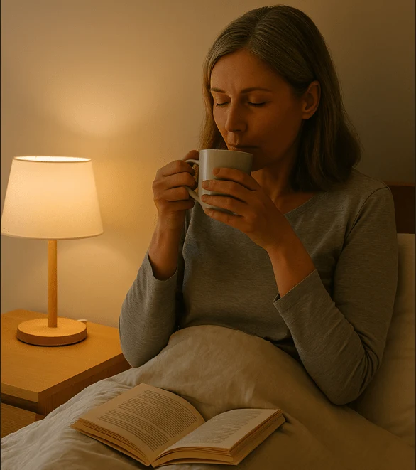 Woman sipping herbal showing a Relaxing bedtime routine to improve sleep during menopause
