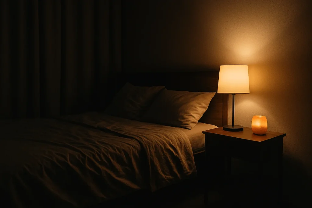 Cozy dark bedroom with no screens, soft lighting (Good sleep hygiene habits support better sleeping during menopause)