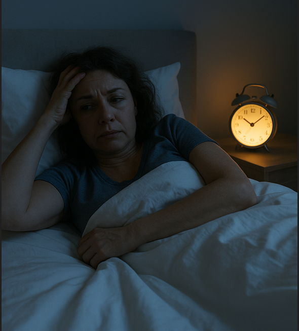 photo of a woman looking restless in bed, Restless sleep and insomnia as common symptoms of menopause