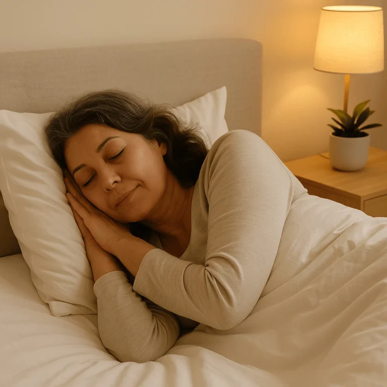 Middle-aged woman sleeping peacefully, representing better sleeping during menopause.”