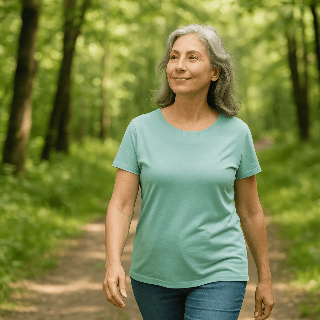 Midlife woman walking in nature illustrating that Exercise during the day helps improve sleeping during menopause