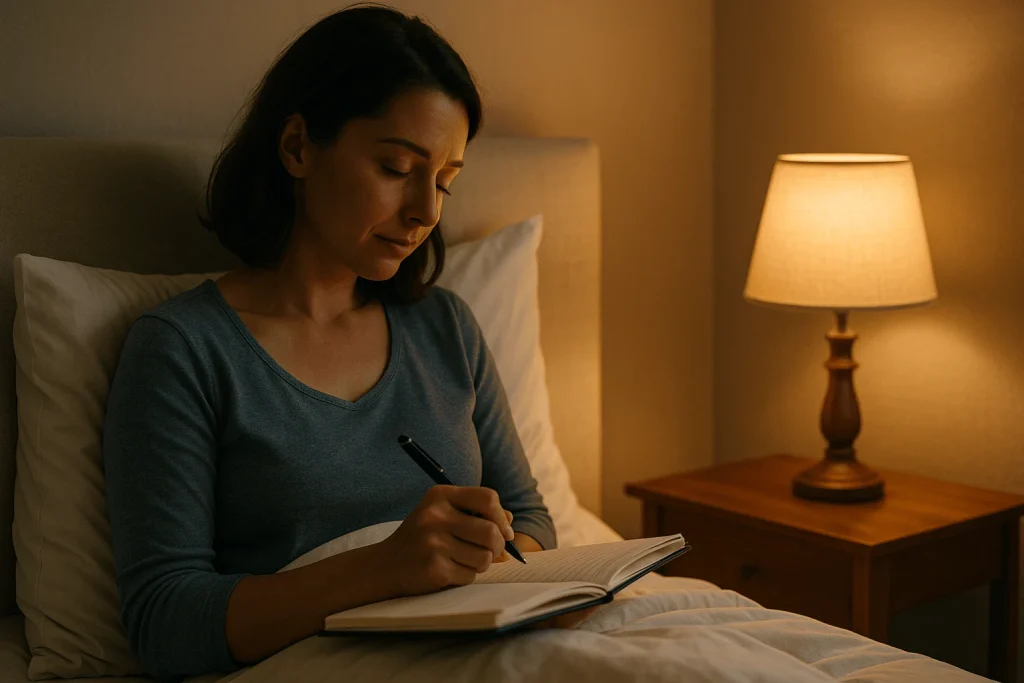 “Person journaling beside bed before sleep, illustrating sleep thinking practice.”