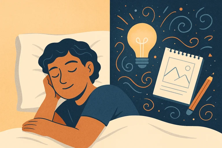 Person asleep with symbolic creative ideas surrounding them”