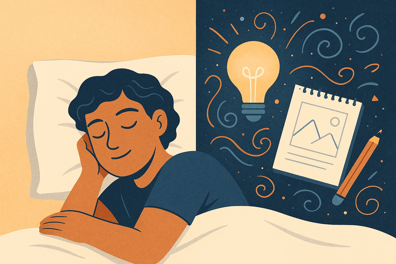 Person asleep with symbolic creative ideas surrounding them”