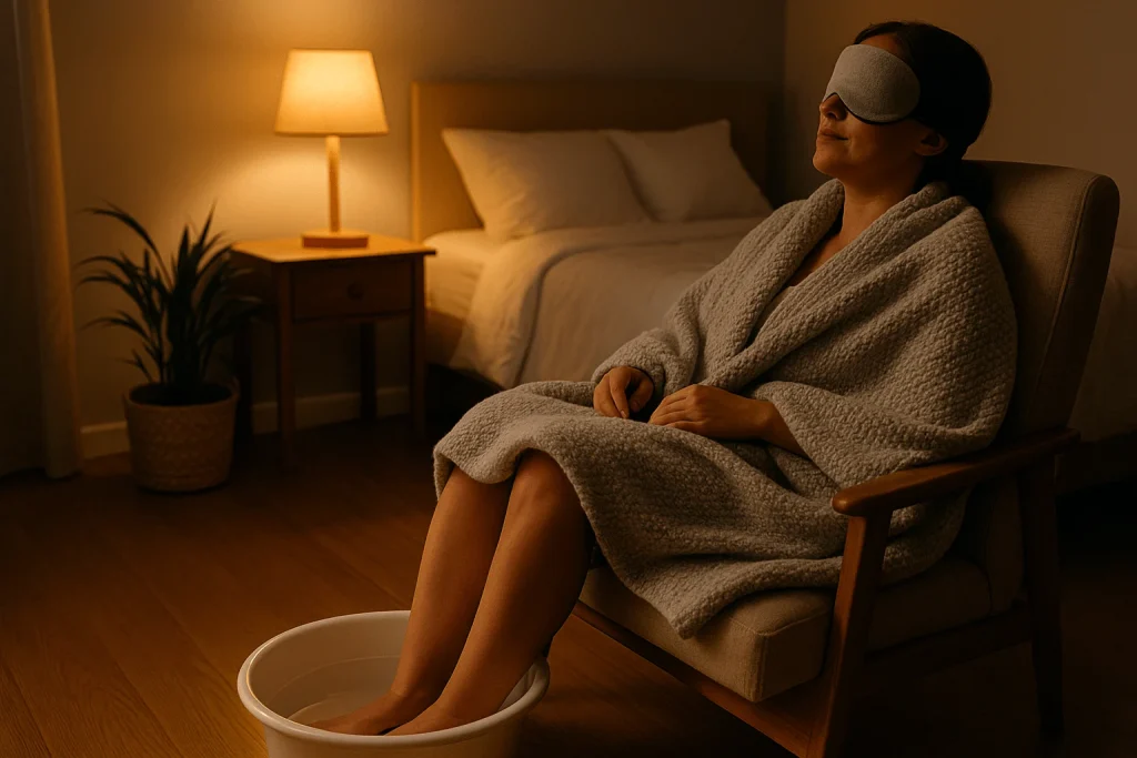 Woman soaking her feet while wearing a sleep mask and cozy robe in a softly lit bedroom — a calming routine for anxious sleepers.
