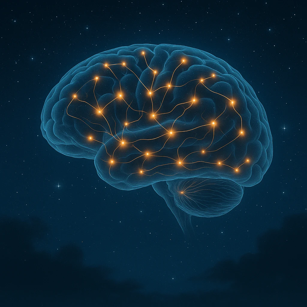 “Illustration of the brain active during sleep with glowing neural connections.”