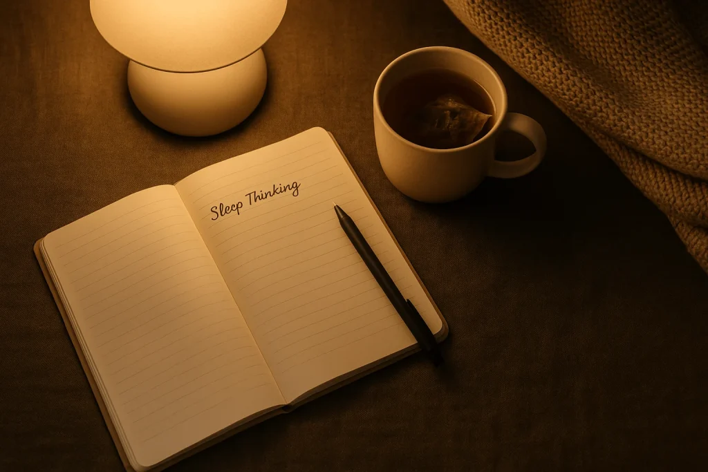 Bedtime journal, pen, and calming setup to support sleep thinking routine.”