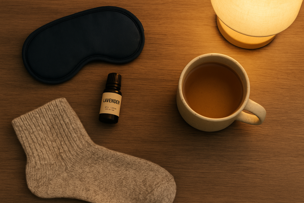 “Simple sleep tools: eye mask, lavender oil, tea, and soft socks
