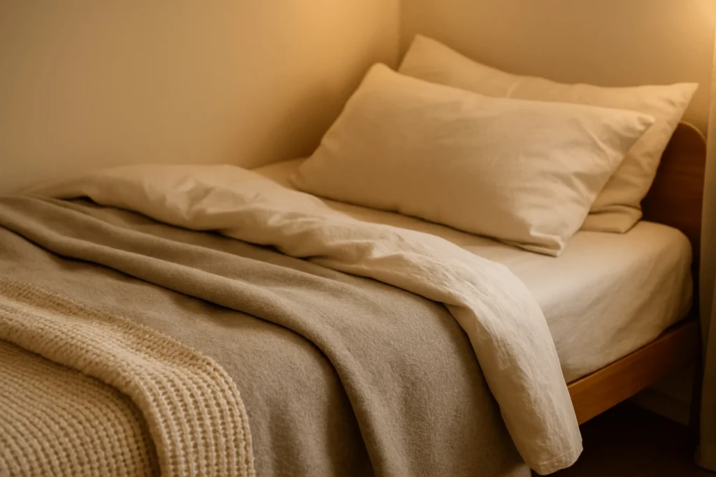 Layered winter bedding with cotton sheets, wool blanket, and warm lighting to promote cozy, breathable sleep.