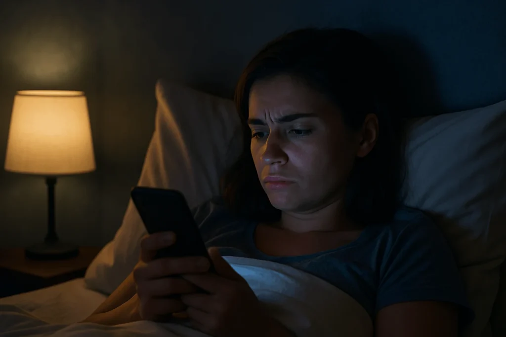 “Person overstimulated before bed, showing common sleep mistake.