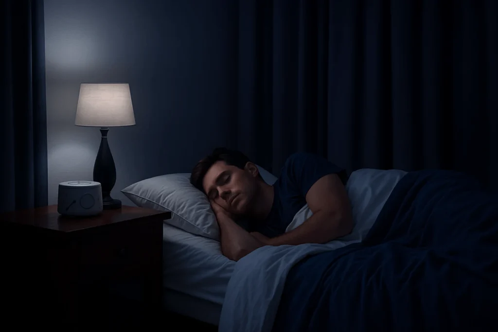 Man sleeping peacefully in a dark bedroom with blackout curtains and a white noise machine.”