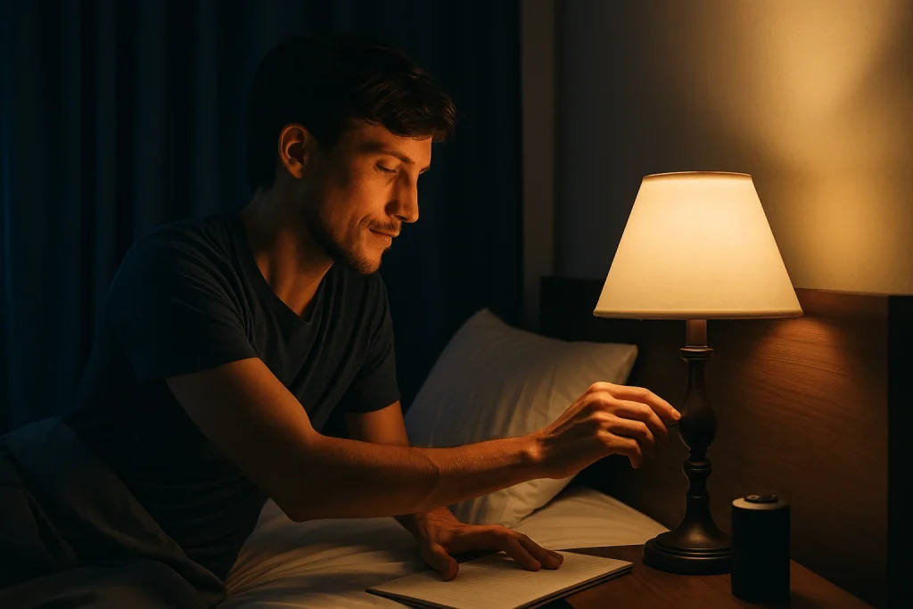 Man sitting in bed dimming a lamp as part of his nighttime wind-down routine