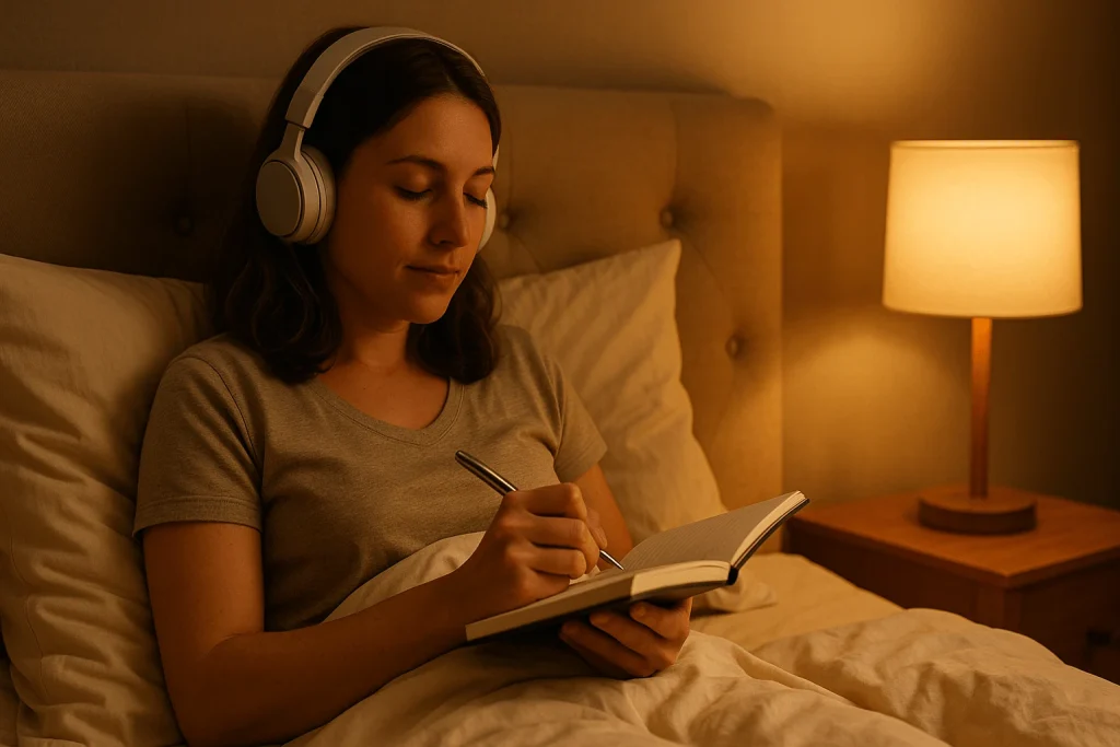 Woman journaling in bed with headphones on, softly lit by a warm bedside lamp — relaxing her mind before sleep.