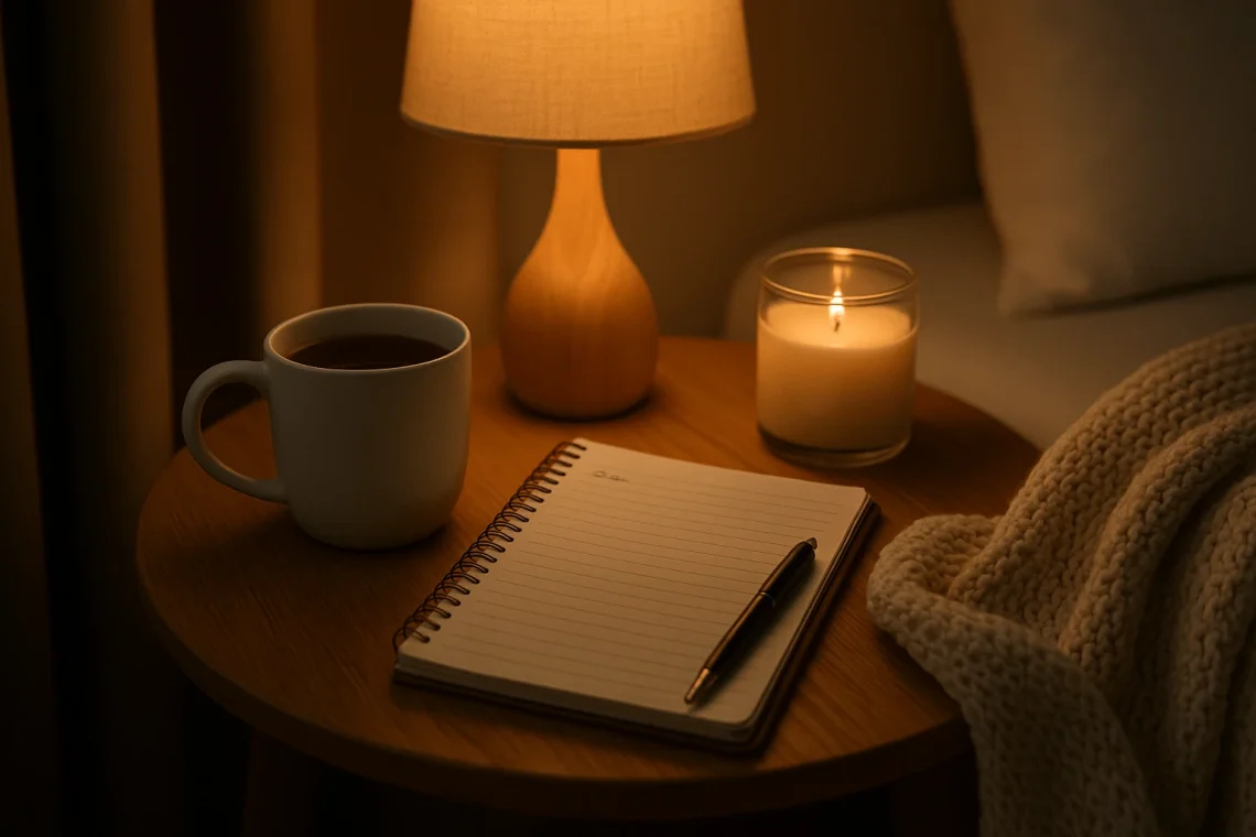 Peaceful nighttime scene with tea, journal, candlelight, and a cozy blanket — perfect for setting the tone for sleep.