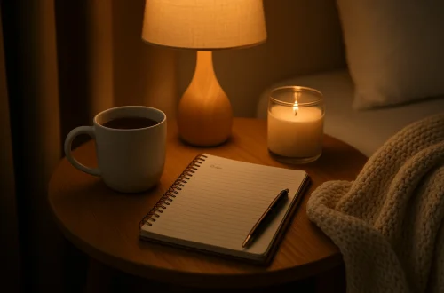 Peaceful nighttime scene with tea, journal, candlelight, and a cozy blanket — perfect for setting the tone for sleep.