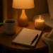 Peaceful nighttime scene with tea, journal, candlelight, and a cozy blanket — perfect for setting the tone for sleep.