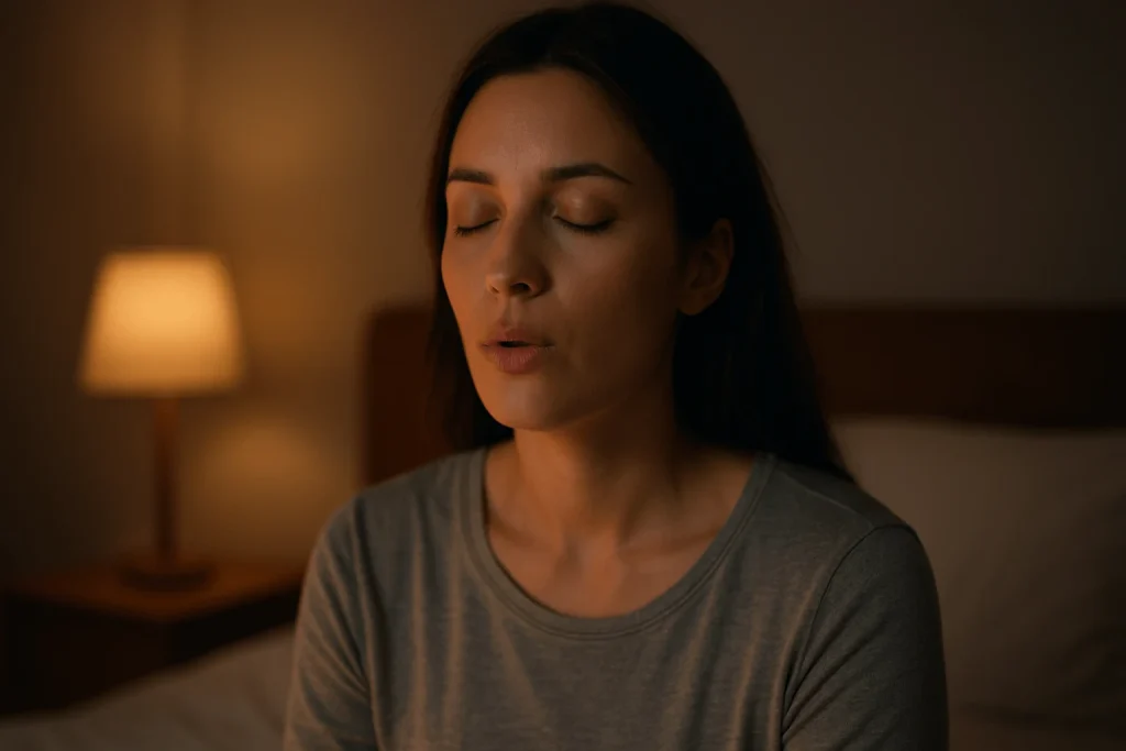 “Person calming their mind before bed to reduce nighttime overthinking.”
