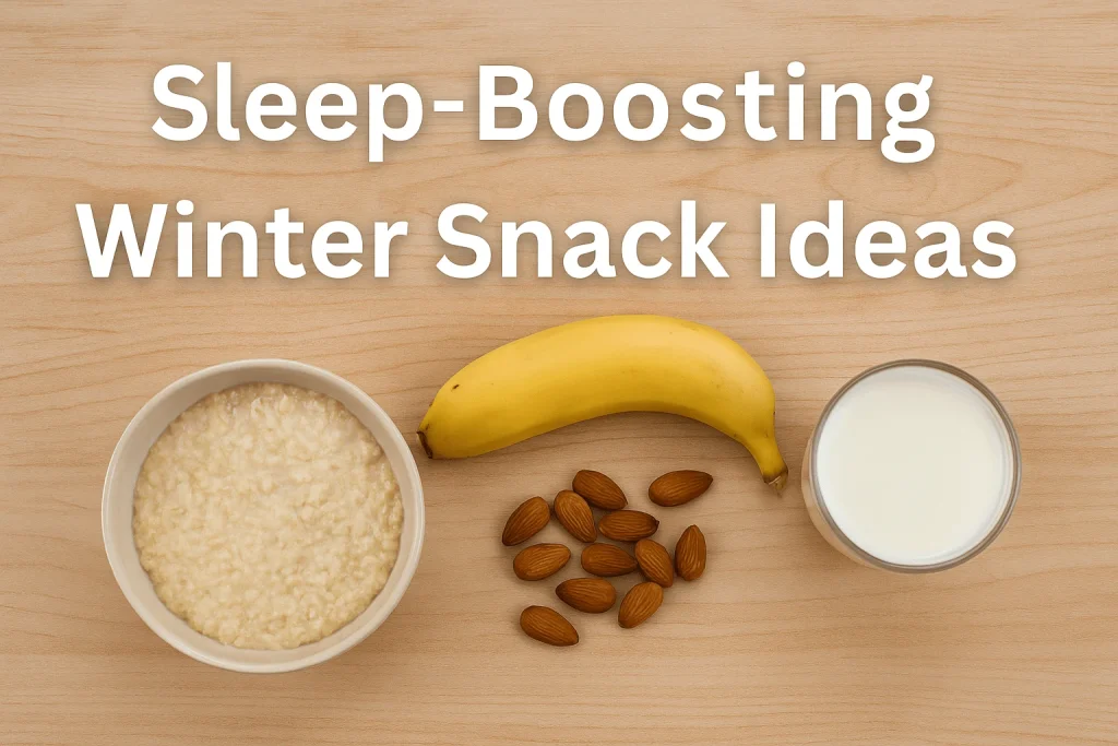 Flat lay of winter sleep snacks: oatmeal, banana, almonds, and a glass of milk with title ‘Sleep-Boosting Winter Snack Ideas.
