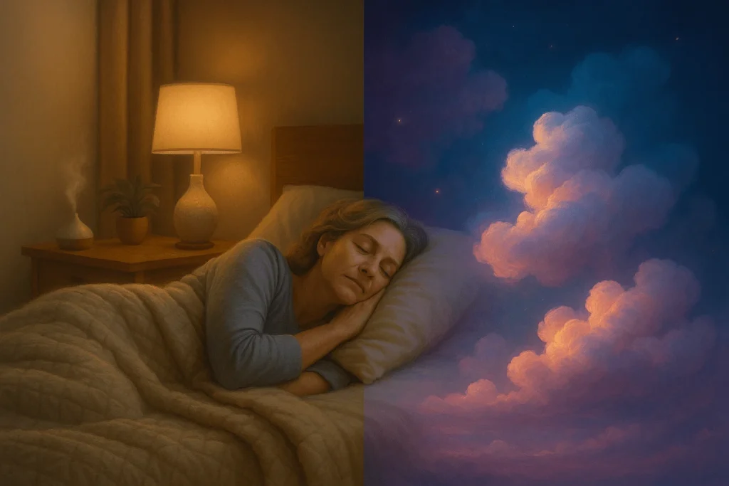 “Visual comparison of calm sleep vs. abstract dreaming imagery.”