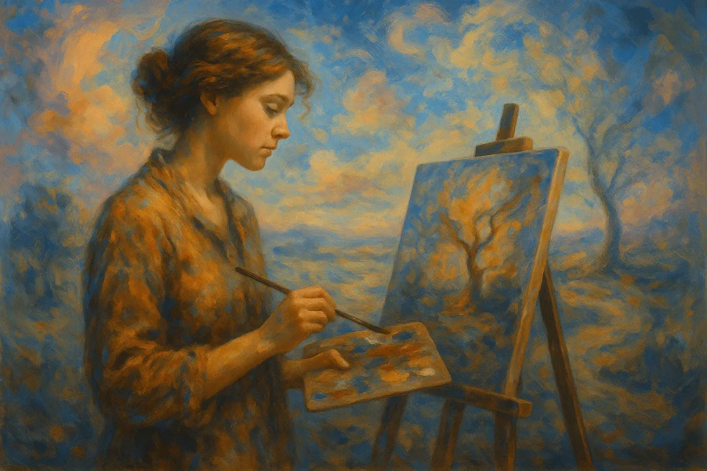 Creative woman reflecting on her painting in a surreal sleep-inspired scene
