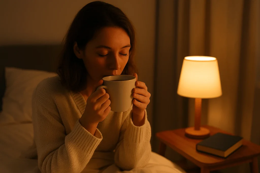 Woman sipping herbal tea in bed at night with warm lighting and a calming bedtime atmosphere.