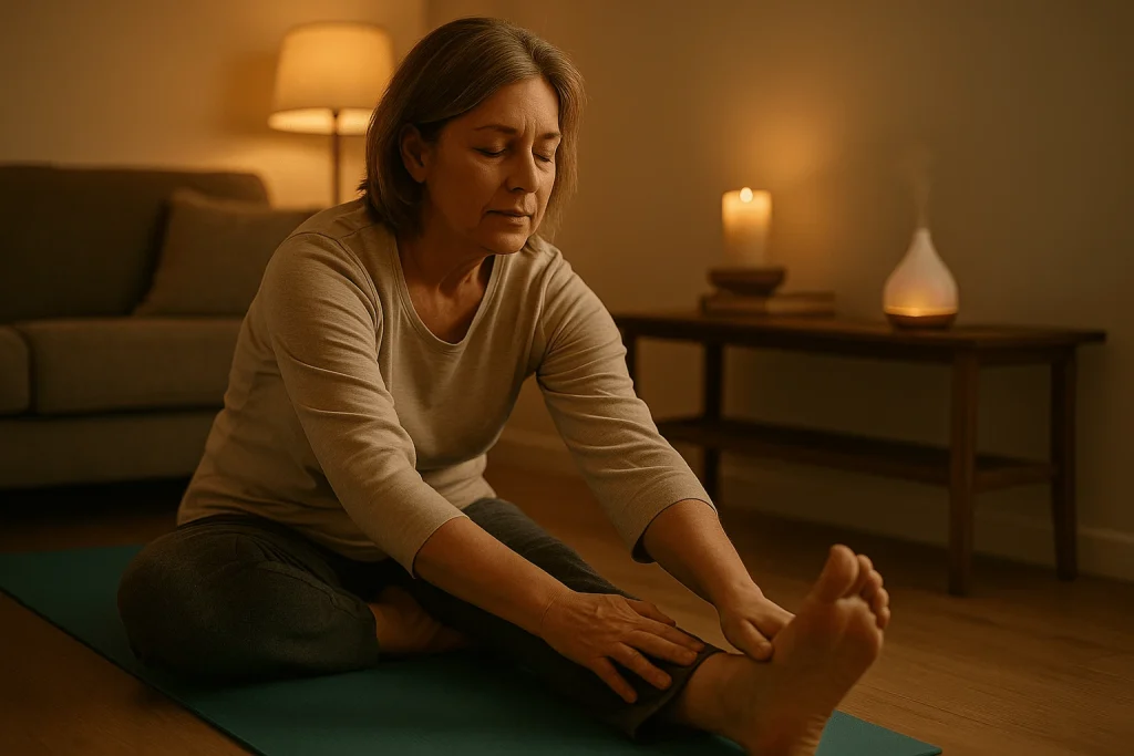Middle-aged woman stretching on a yoga mat in a dim, cozy room with a candle and diffuser before bedtime.