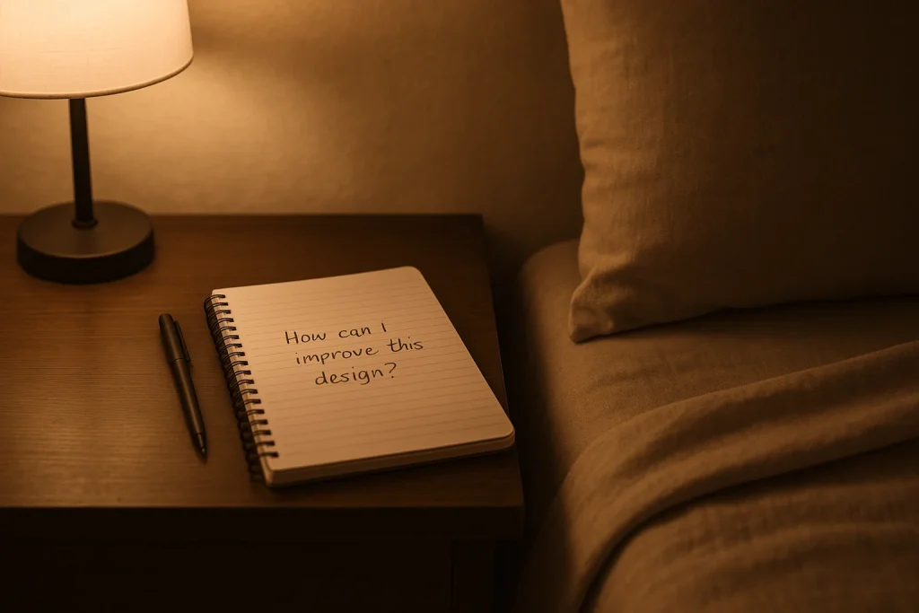 “Notebook on a nightstand with a handwritten creative question”